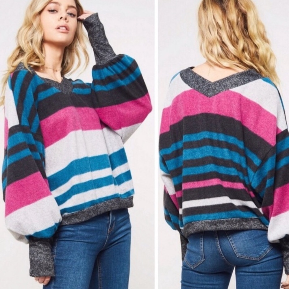 Pink Blue Gray Drop Shoulder Brushed Knit Balloon Sleeve Sweater